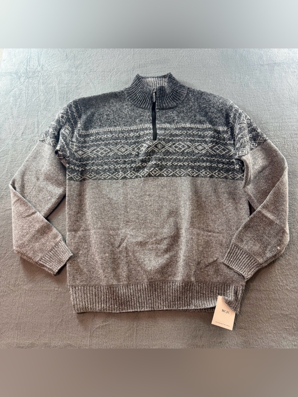 MCJC - Men's Grey Fair Isle Half-Zip Sweater with High Collar